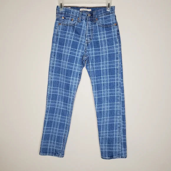 Levi's x Free People Blue Plaid Print High Rise Button Fly Wedgie Straight Jeans - Picture 4 of 13